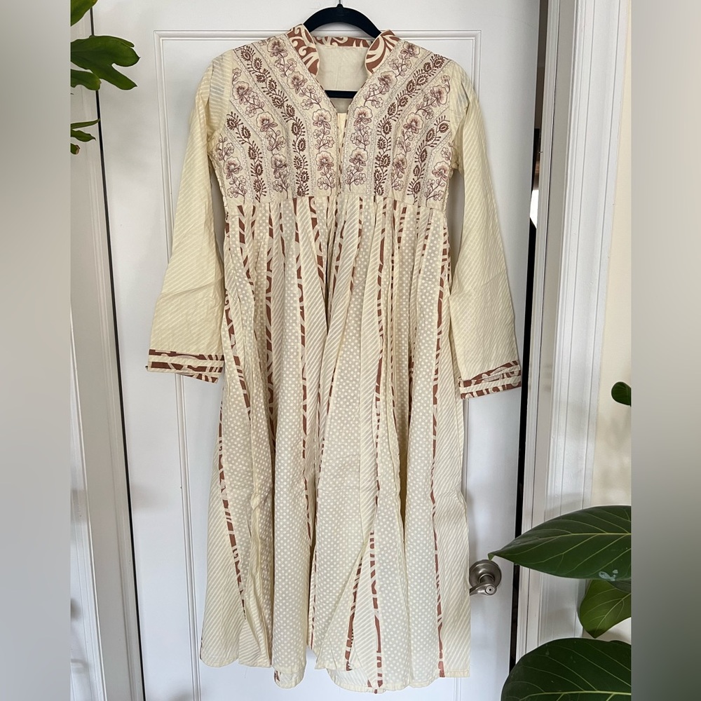 Cream and Brown Floral Embroidered Cotton Anarkali Set